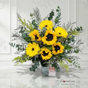 FV-27 GOLDEN JOY VASE แจกันทานตะวันผสมเยอบีร่าเหลือง จัดทรงพุ่มสวย